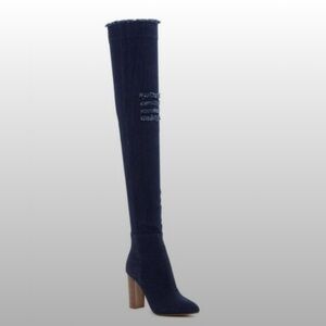 Report Distressed Over the Knee Block Heeled Booties in Blue Denim